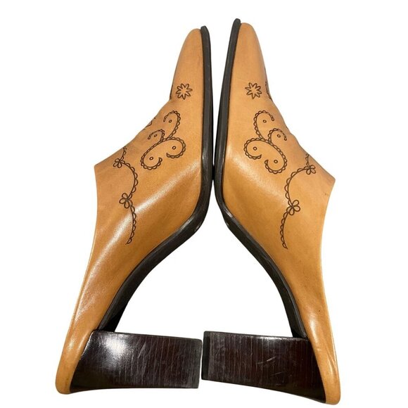 Franco Sarto Tan Leather Etched Slip-On Square Toe Block Heel Mules  Size 10 - Picture 5 of 10